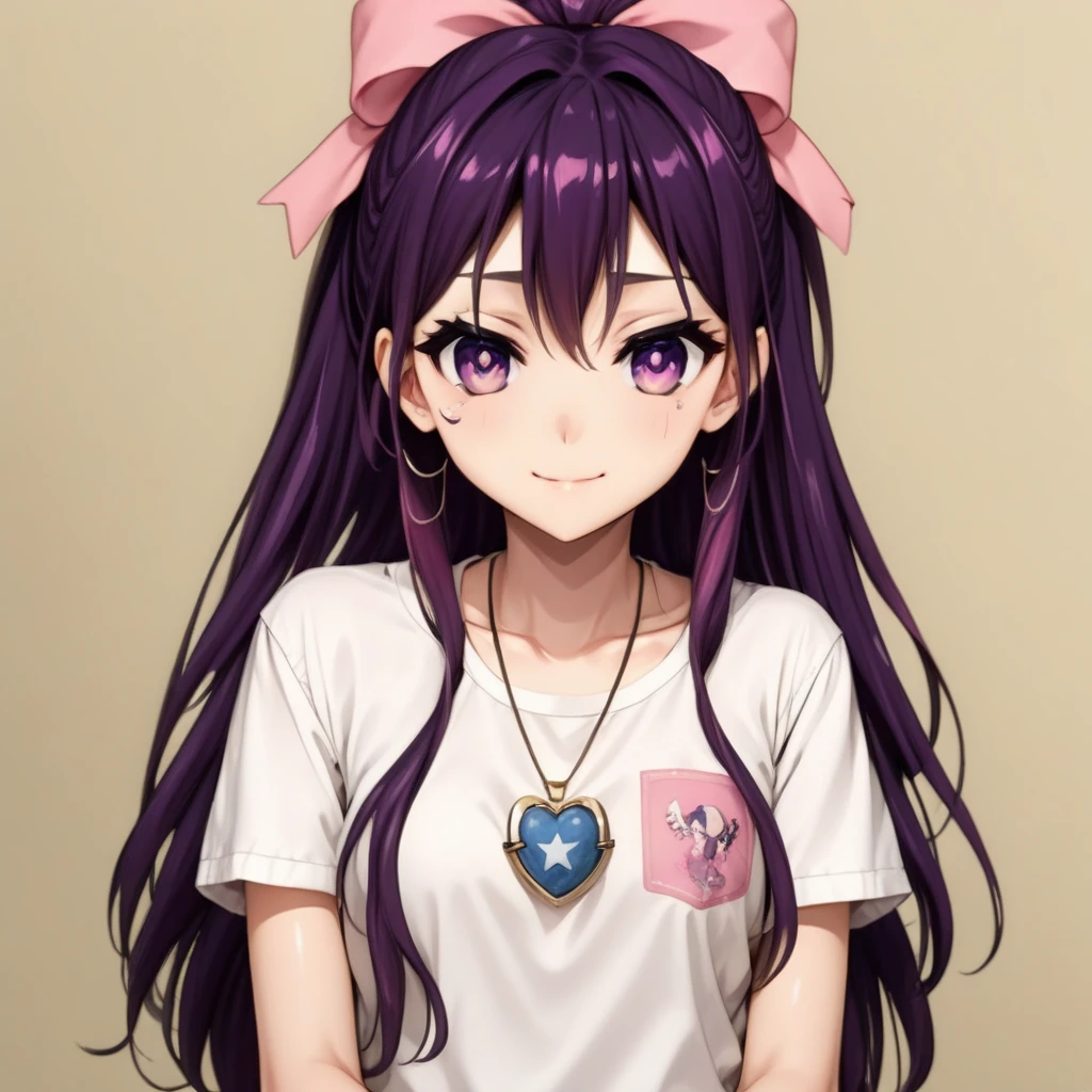 Prompt External Generator txt2img + Hi-Res  TohkaYatogami, 4k, absurd, high resolution, very high resolution, high definition, masterpiece, 1 girl, alone, long hair, looking at viewer, simple background, shirt, black hair, bow, ribbon, hair between eyes, jewelry, hair very long, purple eyes, collarbone, hair band, ponytail, purple hair, short sleeves, hair bow, cowboy shot, shorts, necklace, shorts, denim, casual, pendant, blue shorts, denim shorts, pink shirt, hands behind your back, smile