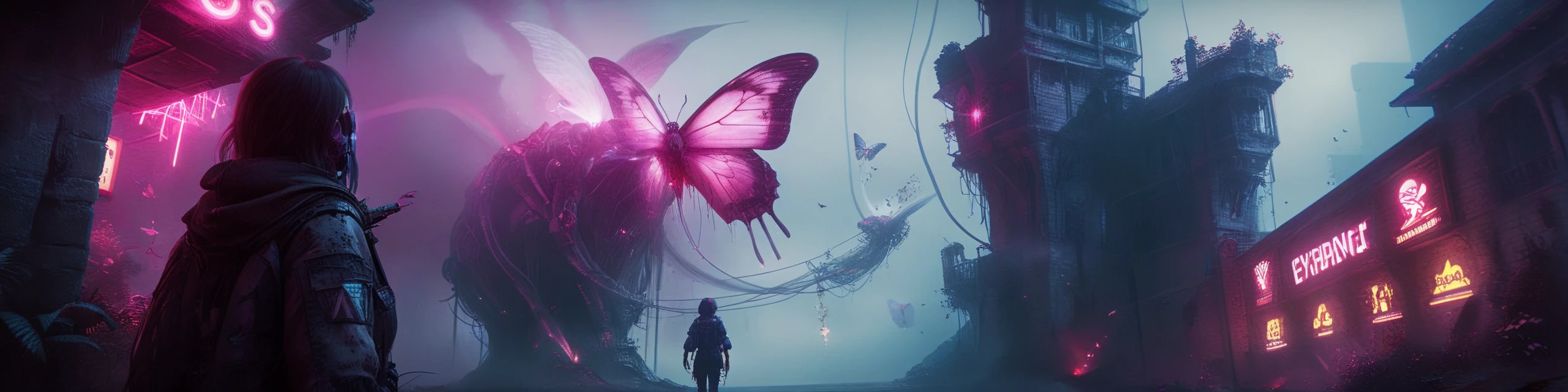 1woman with a white butterfly in right eye <lora:Mitsuko-OnceHuman-000002:0.8>, video game concept art, 2d game art, concept art, mutation mushroom, landscape of a Cozy Hidden Palace Zone, Movie still, Evil, Cyberpunk Art, neon, high tech, <lora:OnceHuman:1> once human, gaming artwork, contemporary, professional creative, fabulous colors, deep aesthetic, dynamic dramatic composition, vibrant, very, sunny