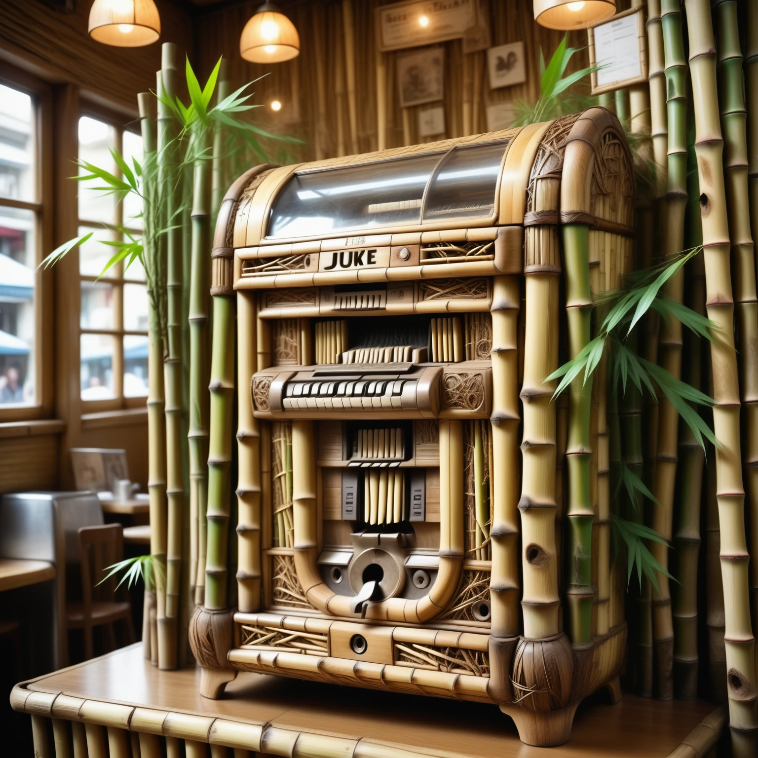 a juke box made out of Jed-Bmbrts,  in a 1920s cafe, <lora:BambooRootsStyle:1>