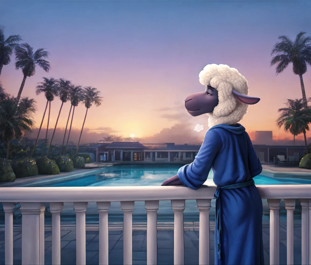 <lora:Eddie:0.7>, Eddie, sheep, blue robe, side view, looking away, leaning, railing, balcony, manor:1.2, palm trees, pool in distance, tall, dawn, breath, ears down