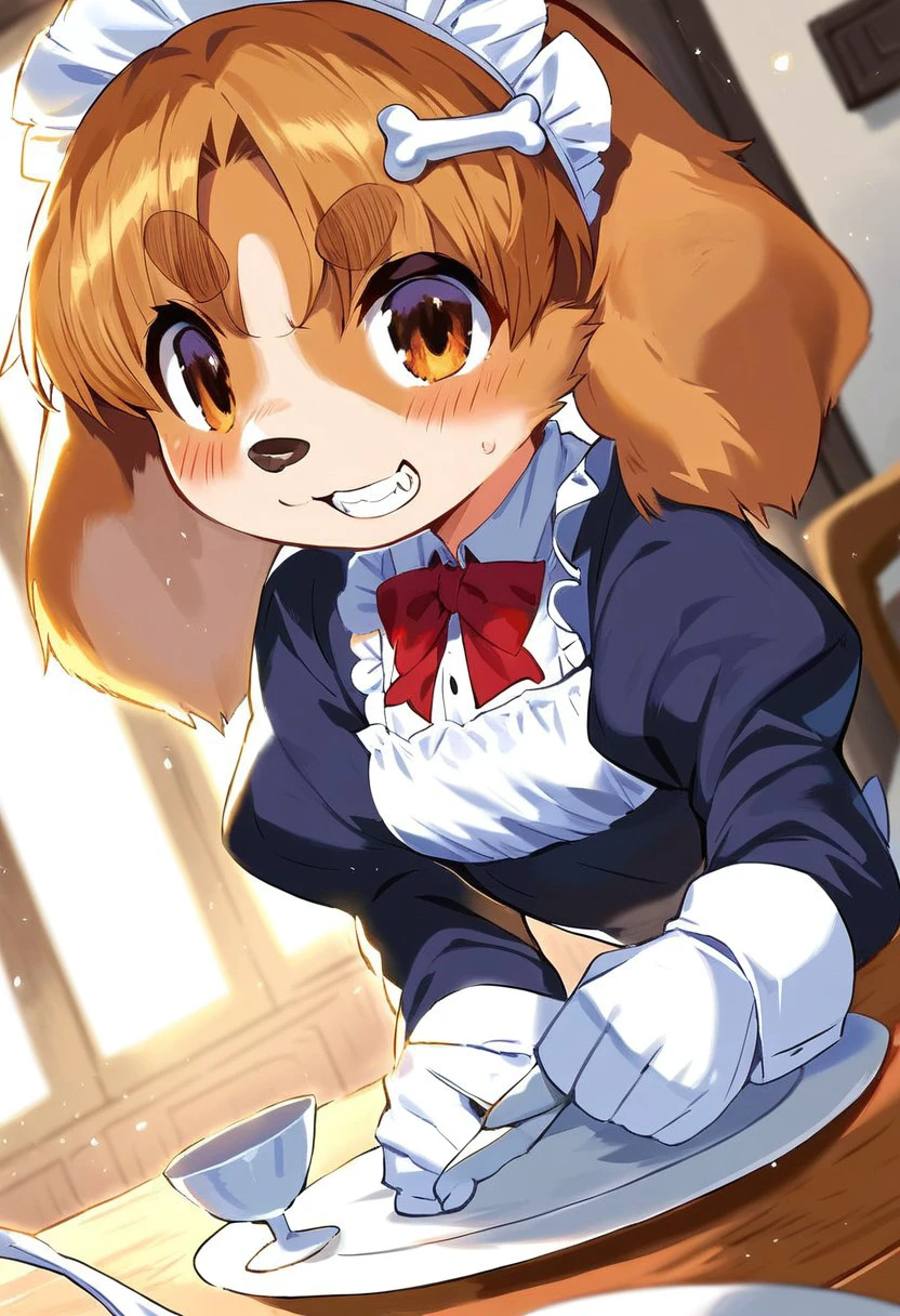 Solo, 1girl, female, young, small body, shortstack, cute face, furry, dog ears, dog tail, dog girl, small breasts, body fur, bone hair ornament, brown hair, brown eyes, animal nose, bangs, thick eyebrows, short hair, detailed eyes, detailed skin, detailed eyes, perfect face, angry, forced smile, blush teeth showing, BREAK maid outfit, clavage, maid headwear, white gloves, white tighthighs, BREAK forced pose, restaurant, indoors, colorful, looking at viewer, dutch angle, BREAK ((ultra-detailed)), ((best quality)), ((best quality)), ((beautiful eyes)), ((extremely detailed)), 4K, (8K), best quality, (beautiful), Master piece, highres, score_9, score_8_up, score_7_up, score_6_up, score_5_up, score_4_up, colorful, best quality, official art, highres, masterpiece, nai3, god light, detailed background, high quality background,