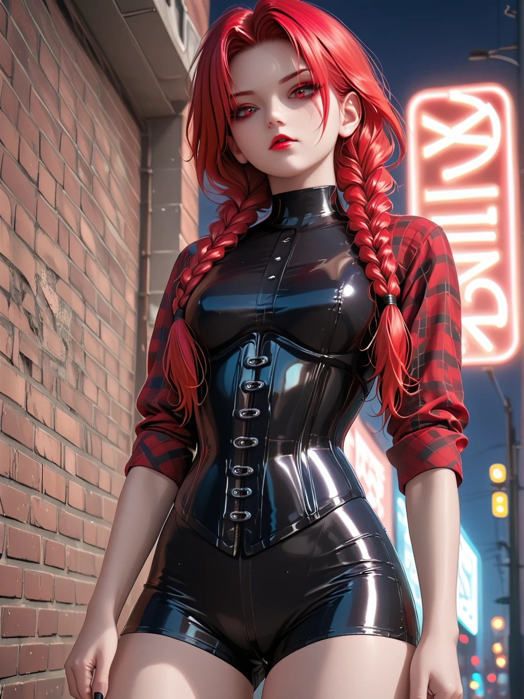 1girl, (2.5d:1.2), sexy A sassy gothic girl with fiery red hair styled in two braids, wearing a tight black latex short shorts and a open plaid flannel shirt, red and blue, latex corset underneath the shirt, neckcorset,, neon lights, ambient light, dark ambient light