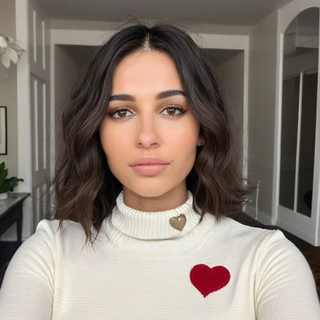 Looking straight at the camera, skin texture, Instagram selfie of a woman with wavy hair wearing a heart necklace,f/1.8,wearing a turtleneck shirt,  naxsctt,  <lora:naoscott_juggerX_xl_1_wocap-naxsctt-000080:1.05>