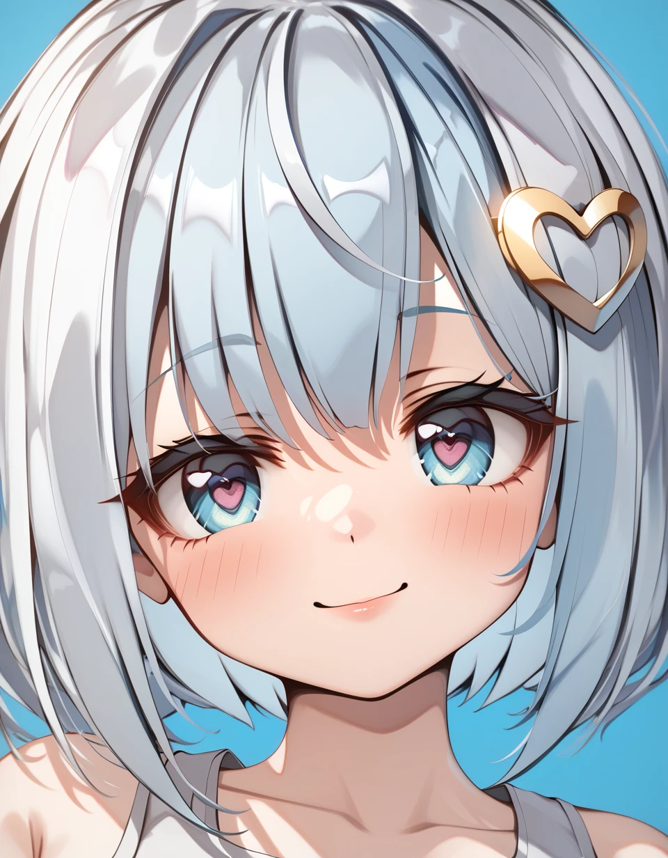 1 girl , solo , focus on face , <lora:hadehearthairring_sdxl_0001:0.7> , hadehearthairring , white heart hair ornament on hair  , manga color illustration , high quality , ultra-detailed , 4k, high resolution , deep blue  background , short  light blue hair  , silver  tank top