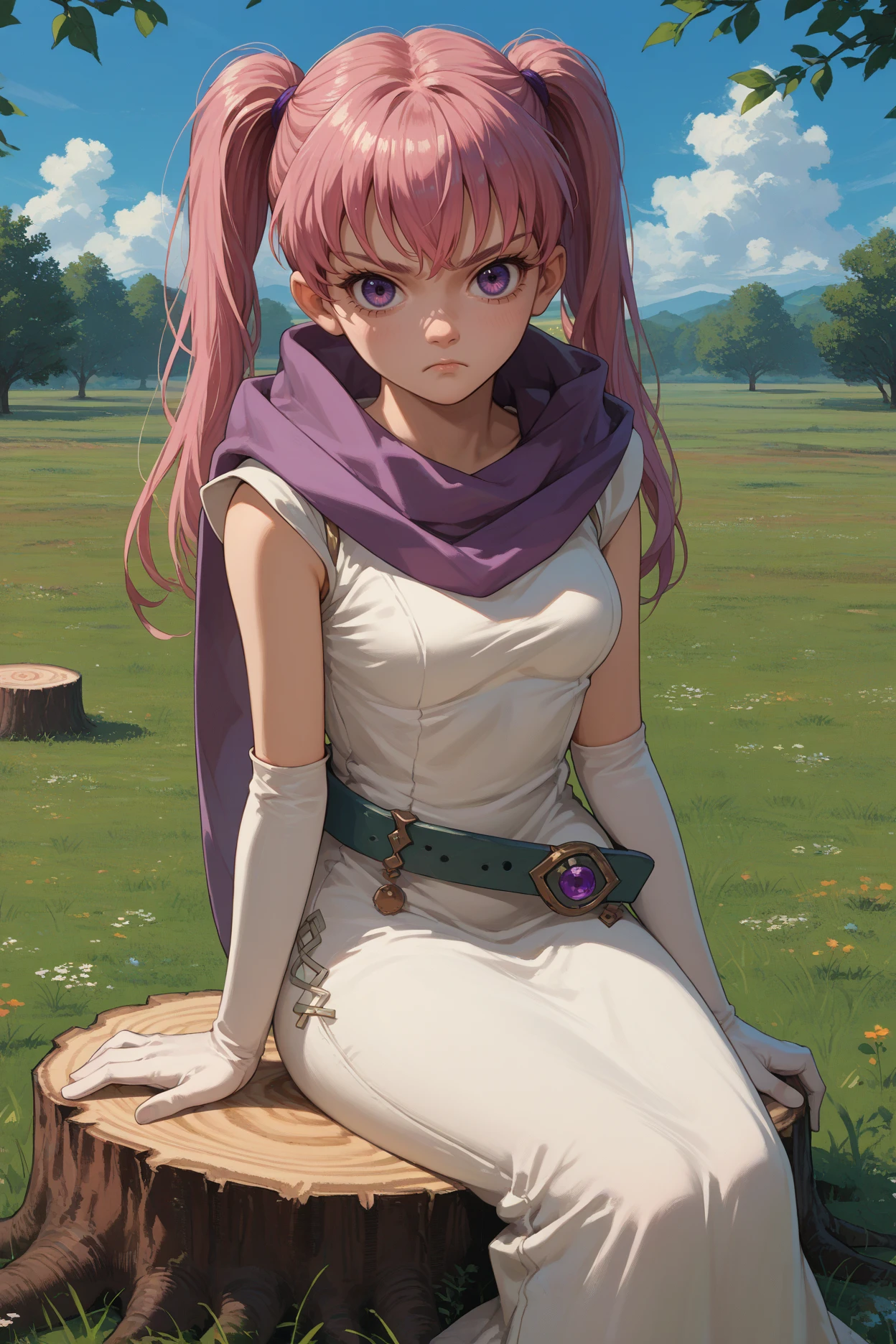 score_9, score_8_up, score_7_up, score_6_up, source_anime, 1girl, solo, <lora:feserra-pdxl-nvwls-v1-000007:1> defSerra, pink hair, twintails, long white dress, sleeveless, green belt, elbow gloves, purple scarf, breasts, sitting, looking at you, frown, tree stump, field, blue sky