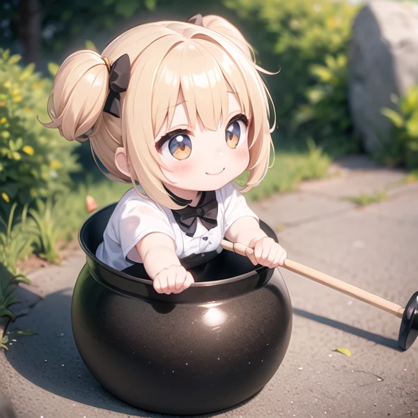 <lora:tsubo-001:1> chibi girl in tsubo pot, holding Long-handled hammer with hands, in rock mountain, smug face