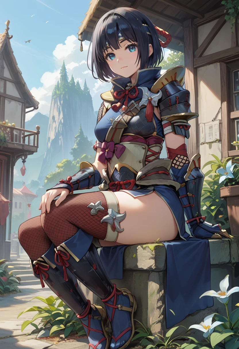 (score_9:0.9),score_8_up,score_7_up,rating_safe,(zPDXL),<lora:kamura armor ponyXL v1:0.76>,1girl, black hair, blue headband, short hair, sitting, fishnet thighhighs, looking at viewer, solo, blue gauntlets, blue scarf, village,medium breasts, closed mouth, full body, kamura armor, blue knee boots, black shoulder armor