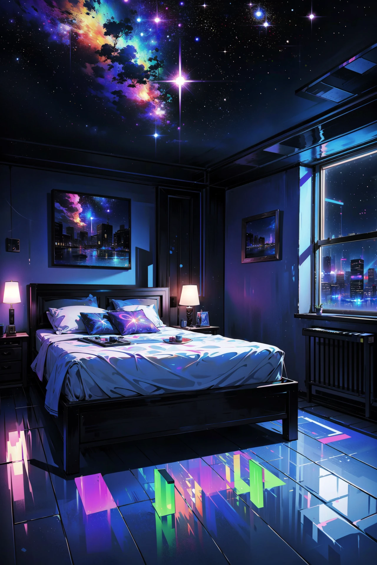 ((best quality, masterpiece, absurbres, super-resolution)), dark, black, galaxy, night, bedroom, big bed, <lora:UMBRA-CORE_v10:1>