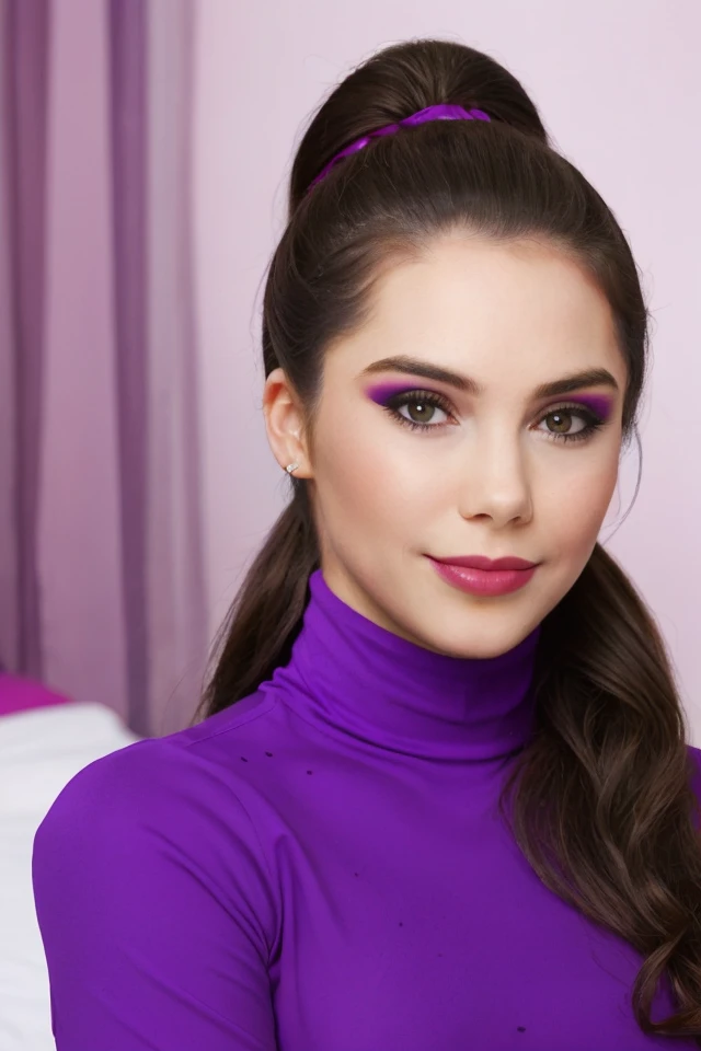 Portrait photo of mck4yl4m4r0n3y woman, purple turtleneck blouse, in a bedroom, slight smile, makeup, ponytail, lipstick