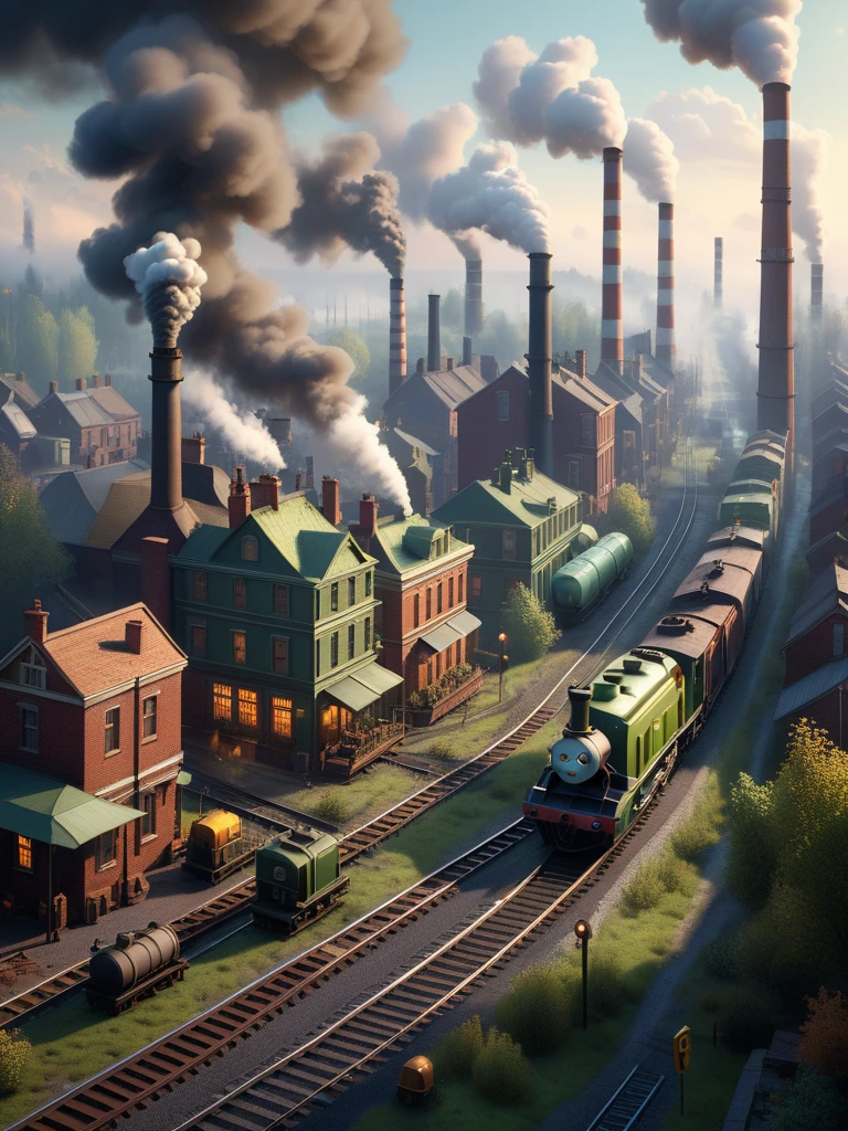 <lora:SS02ImpressionisticPainting_Hap_XL:1>,Thomas Kinkade style,, isometric, digital art, smog, pollution, toxic waste, chimneys and railroads, 3 d render, octane render, volumetrics, by greg rutkowski