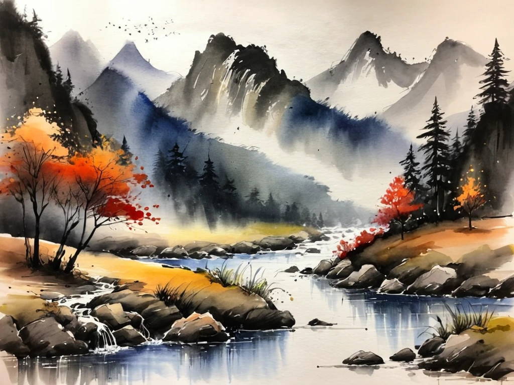 ink art landscape of a mountain river style by RM <lora:russ-mills-style:0.6>