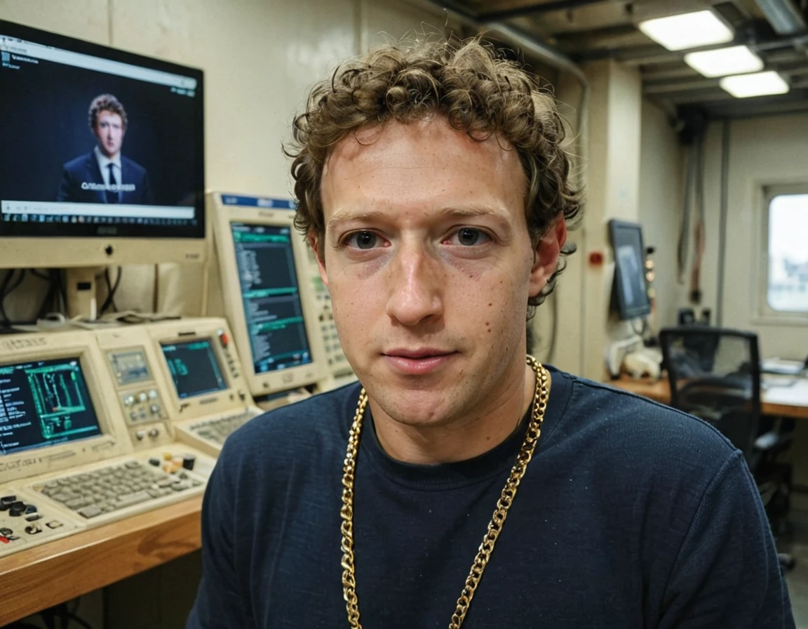 <lora:Mark Zuckerberg -Current day- Trigger is mzbrg person:1> Closeup photograph of mzbrg person, oss artstyle, working at the facebook offices. Stunned facial expression. Wearing gold chains. creepy machinery and electronics all over.   <lora:Old Space Station Artstyle - Trigger is OSS Artstyle:1>