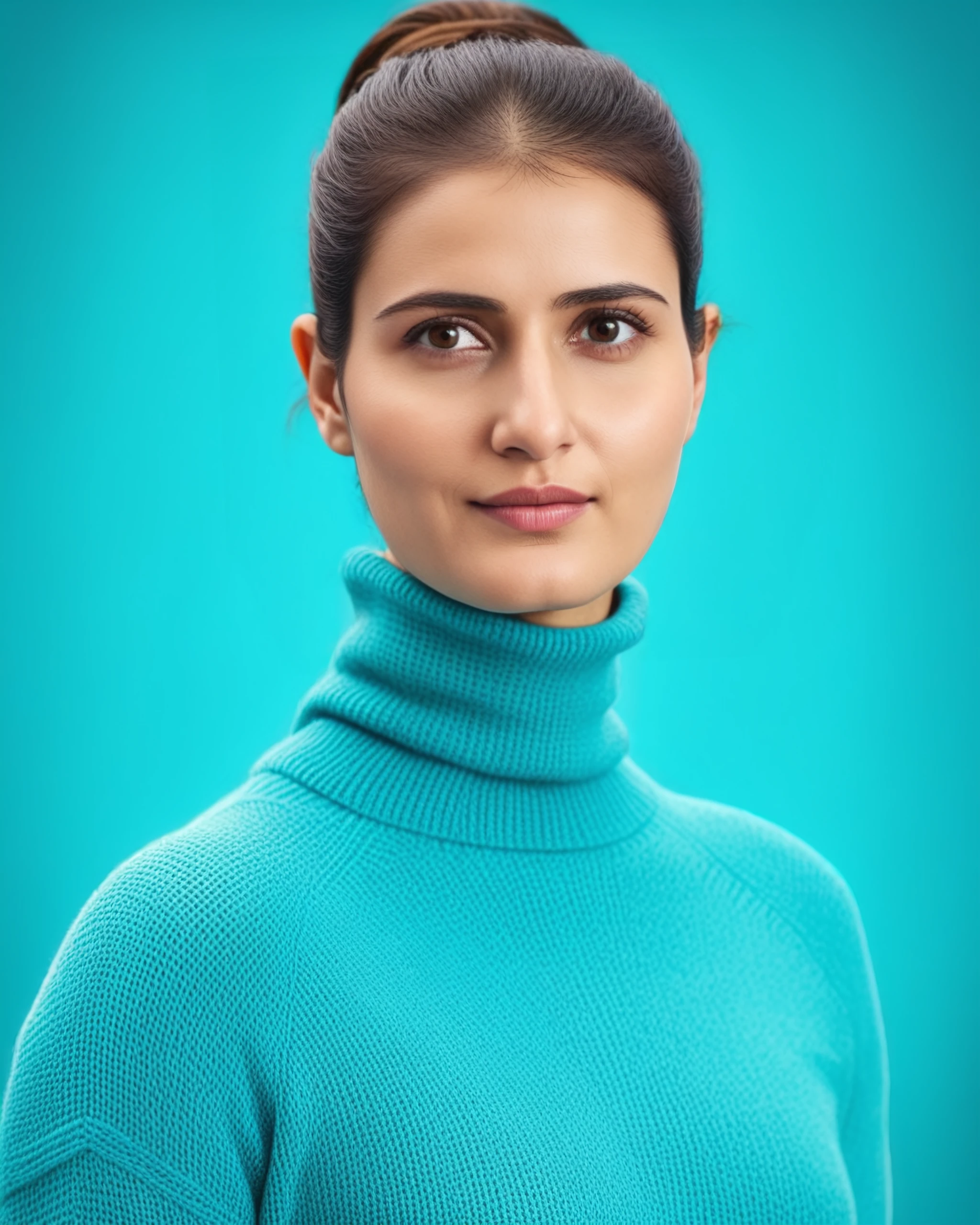 full body photo of Fatima woman, solo, ponytail hair cut, , looking at the camera,  Teal turtleneck sweater, , contrasting background bokeh,  skindentation,  <lora:Fatima_SDXL_LoRA_prodigy_local_xformers_HNE:1>