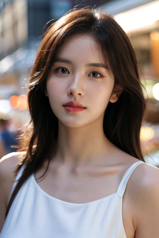 masterpiece, best quality, ultra-detailed, ultra high res, (photorealistic:1.4), raw photo, (realistic:0.2), 8k HDR, realistic cool temperature lighting, 1girl, solo, asymmetrical hair, outdoor, (traditional market:1.2), bokeh, (detailed lips), (detailed pores), (detailed skin textures), (detailed face:1.2), (upper body:1.2), a woman in a sundress, promotional image, a character portrait,