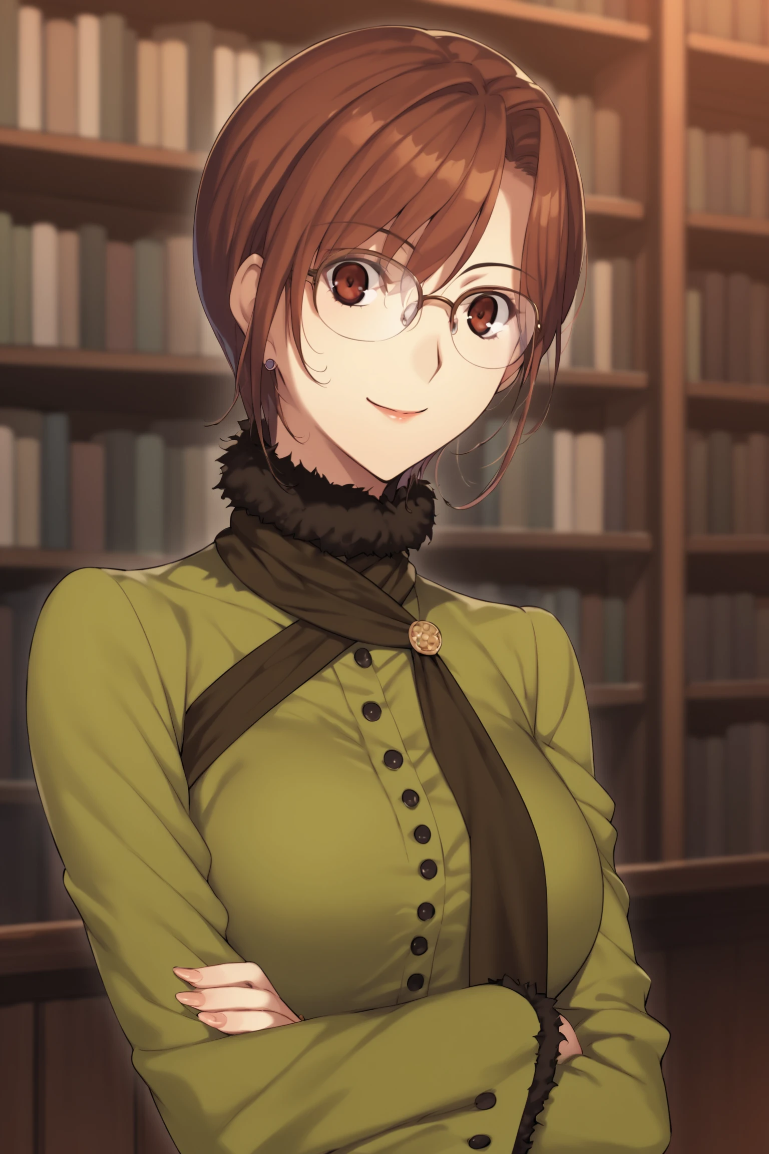 score_9, score_8_up, score_7_up, score_6_up, score_5_up, source_anime, rating_safe, medium breasts, indoors, library, 1girl, solo, <lora:age_slider_v4:3>, aozaki touko, brown hair, short hair, brown eyes, glasses, dress, long sleeves, green dress, scarf, fishnets, fishnet pantyhose, highheels,  <lora:Touko_Aozaki:0.8>, dynamic pose, (upper body:1.2)