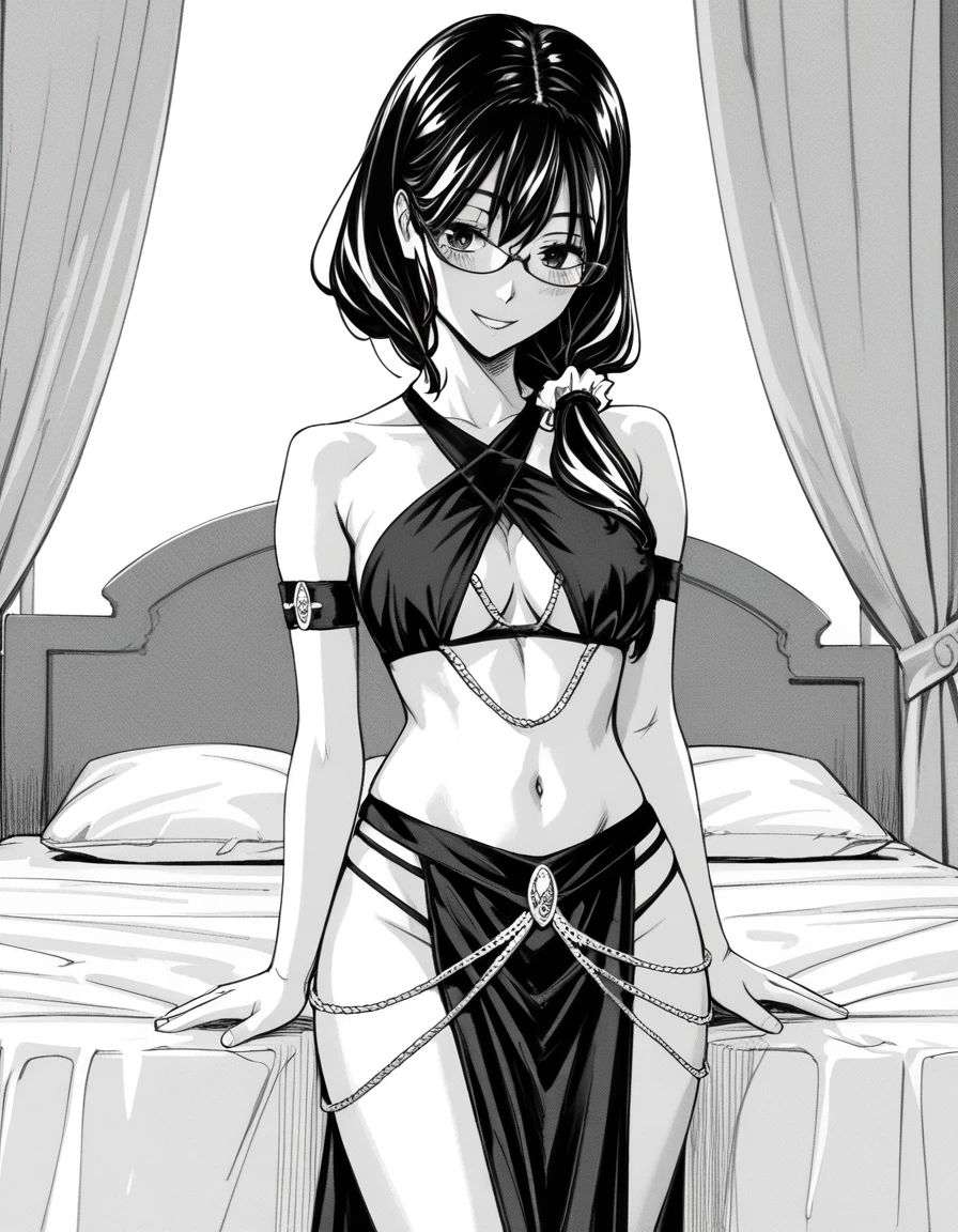 score_9, score_8_up, score_7_up, source_anime, <lora:mika-hayashi-manga-ponyxl-lora-nochekaiser:1>, mika hayashi, glasses, black hair, long hair, hair over shoulder, scrunchie, monochrome, greyscale,, <lora:yomoiro-lingerie-ponyxl-lora-nochekaiser:1>, yomorio lingerie, gold chain, criss-cross halter, pelvic curtain, belly chain, criss-cross straps, black armband,, bed, bed room, blush, smile,, , cowboy shot, dutch angle