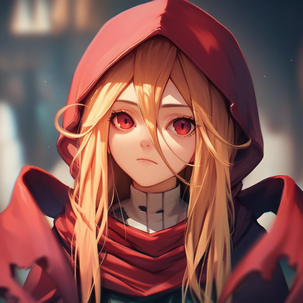 score_9, score_8_up, score_7_up, score_6_up,  Kenos-Fasris-Invern, Evileye, Overlord-LN, 1girl, solo, long hair, looking at viewer, blonde hair, red eyes, hair between eyes, closed mouth, upper body, hood, blurry, blurry background, stuffed toy, hood up, red cloak, general