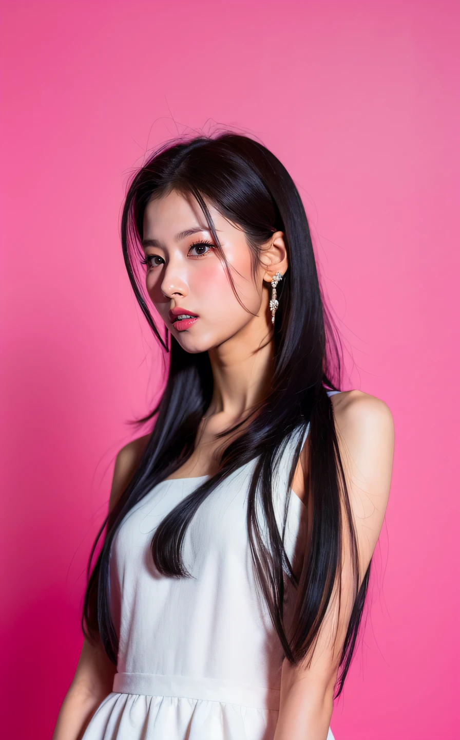 <lora:Sana_V1:1> $@n@,, , (realistic), (hyperrealism), (photorealistic:1.4), 1girl, black hair, dress, hair ornament, lips, looking at viewer, makeup, pink background, realistic, ribbon, sleeveless, solo, standing, white dress