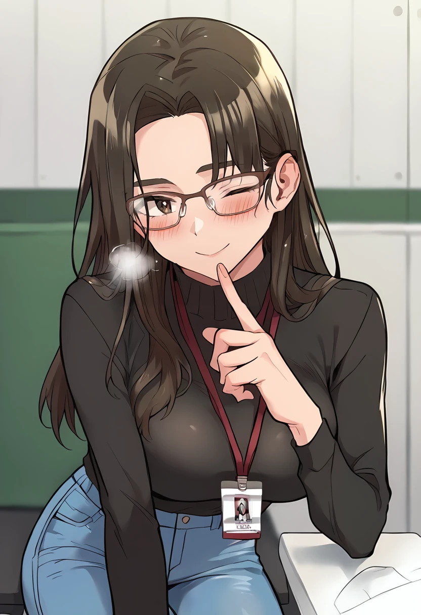 score_9, score_8_up, score_7_up, masterpiece, source_anime, 1girl, ct_yeon, long hair, semi-rimless eyewear, large breasts, black turtleneck sweater, long sleeves, lanyard, id card, jeans, looking at viewer, depth of field, indoors, cowboy shot, smile, sitting, one eye closed, happy, blush, hand up, breath, facing viewer,<lora:SoYeonGoo_Pony_ct:0.9>