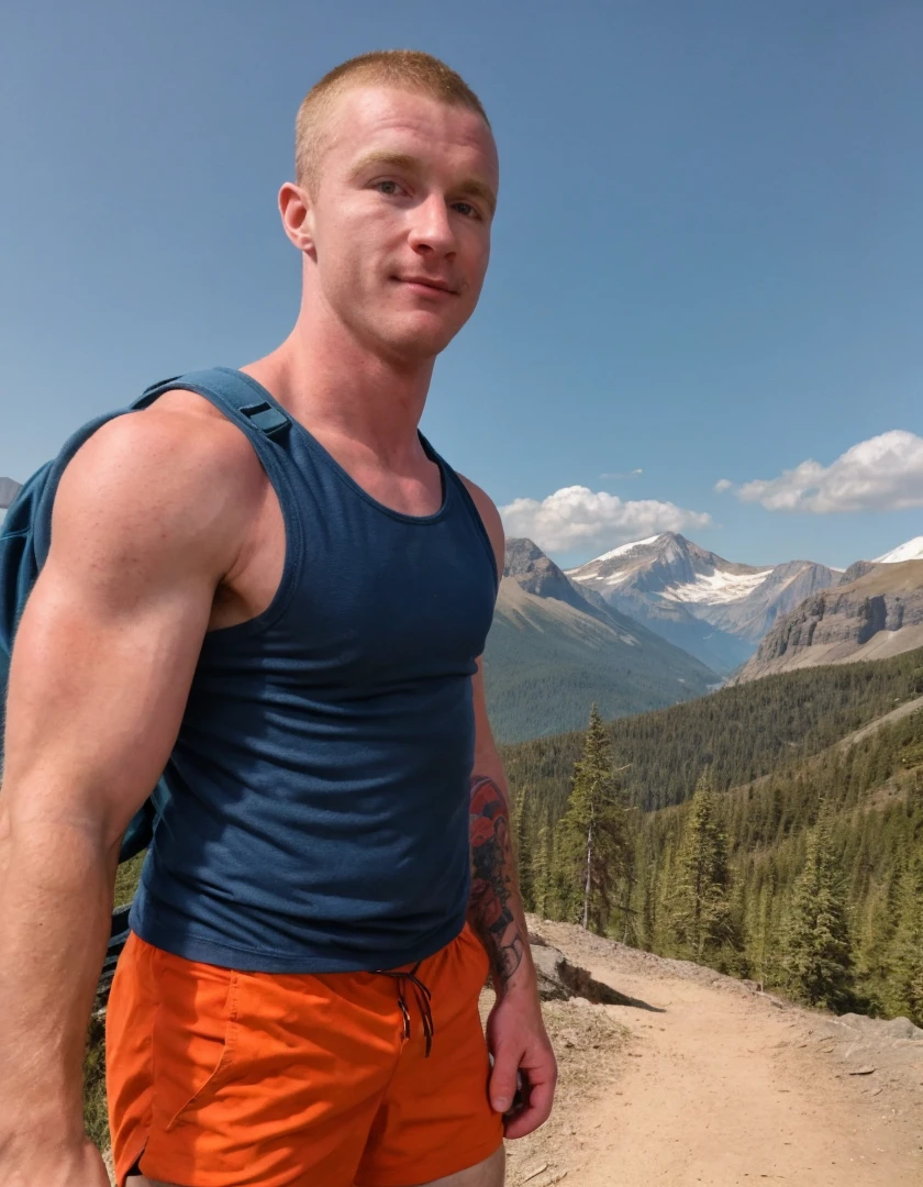 analog photo of a cute shirtless athletic male hiker in a pov walking profile. Background features a mountain landscape at dusk with a sunset. Natural, angled lighting illuminates his fit toned body. He has a tall, muscular build with a smooth firm chest and flexed abs. His tousled blond short hair complements his realistic face and eyes, complete with imperfections and detailed skin texture. He is wearing a tattered backpack. His arm features a tattoo. Dutch angle, rule of thirds, depth of field