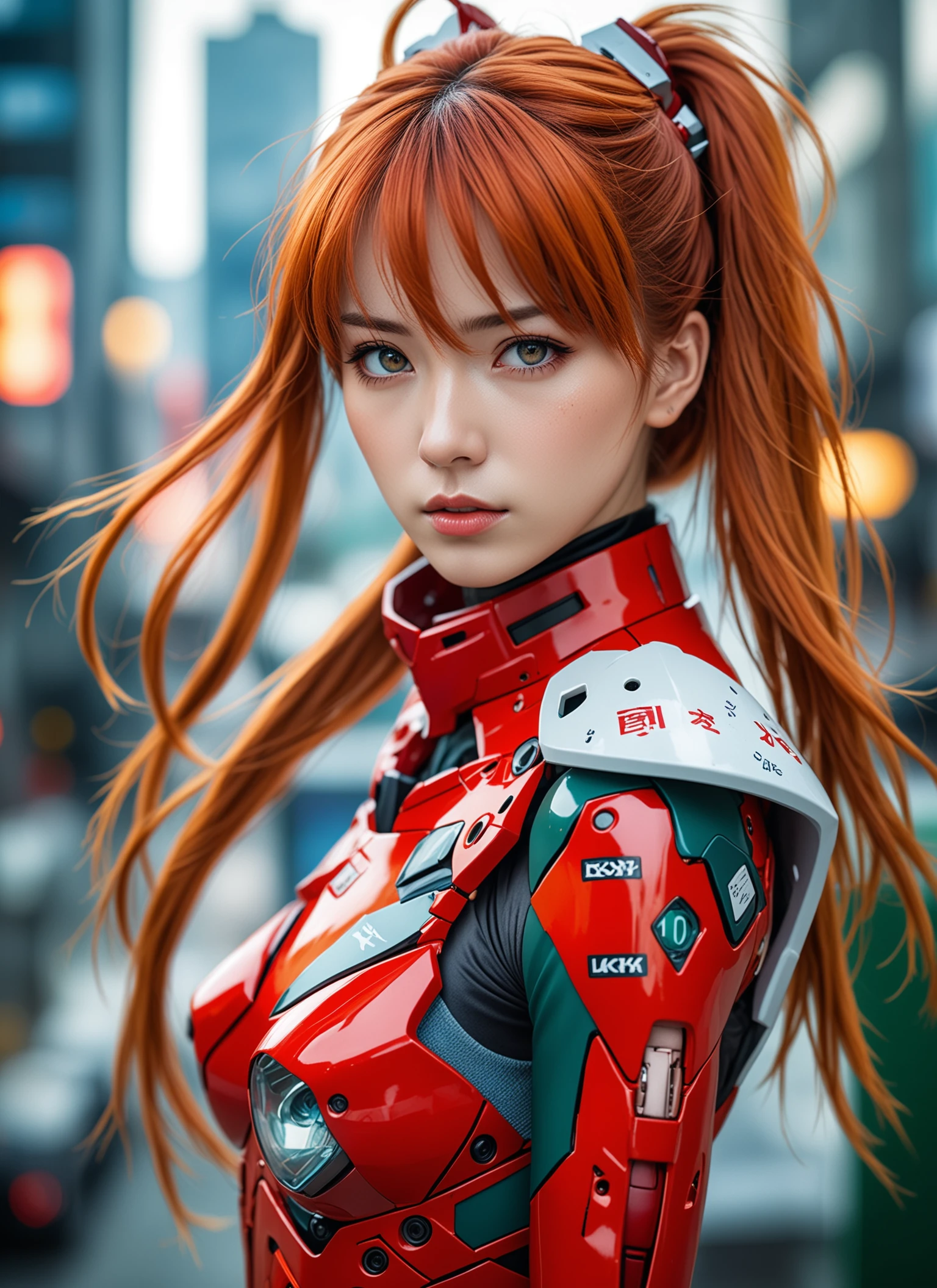 Medium close-up realistic 8K raw photography, (Captivating Asuka Langley Soryu portrait:1.3), Balanced composition, Piercing gaze, Intricate attire, (Emotive expression:1.2), Urban cityscape background, Contrasting colors, (Soft natural light:1.3), Shot with a Nikon D850, Nikkor 85mm f/1.4 lens, Crisp details, Realistic skin tones, Emotional depth
