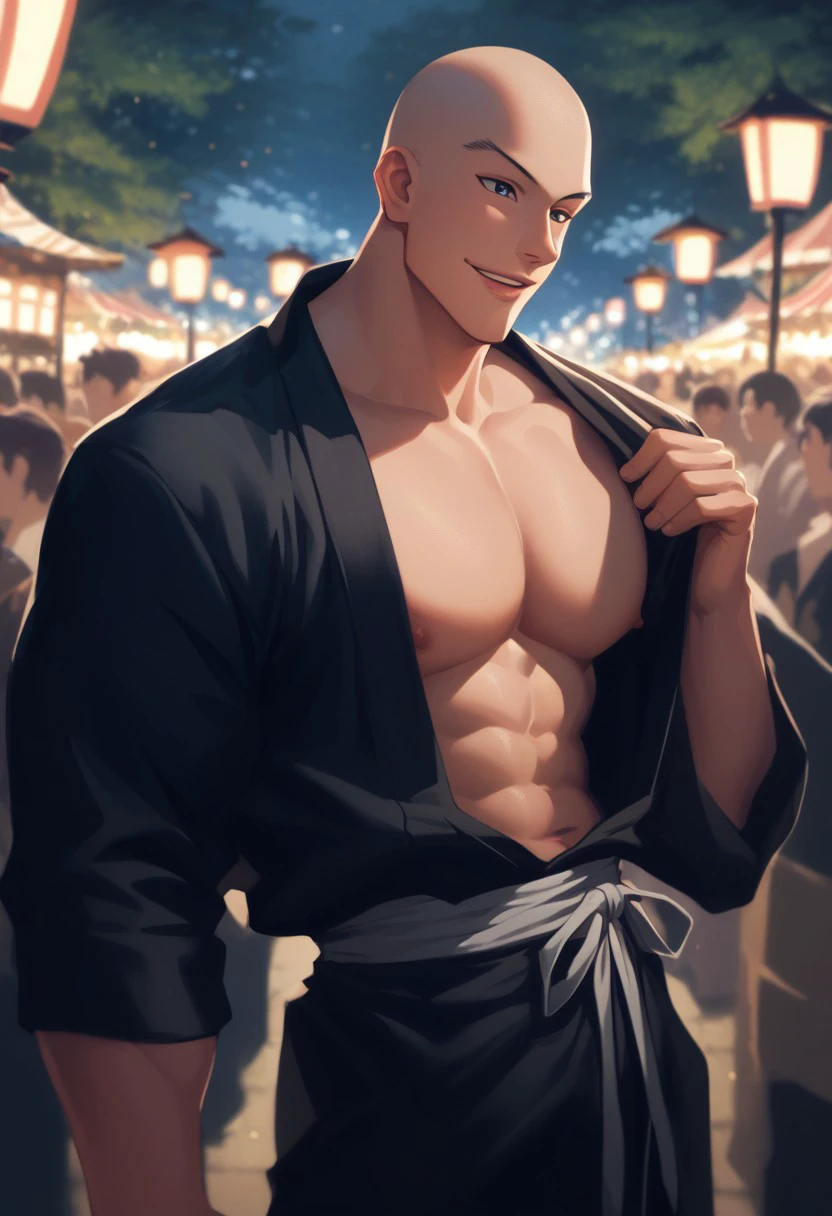 score_9, score_8_up, score_7_up, source_anime, rating_explicit, hands with five fingers, pecs, Hanunter, 1boy, male focus, bald, black yukata, smiling, parted lips, blurry outdoor lantern festival, stalls, warm bokeh, realistic lighting,