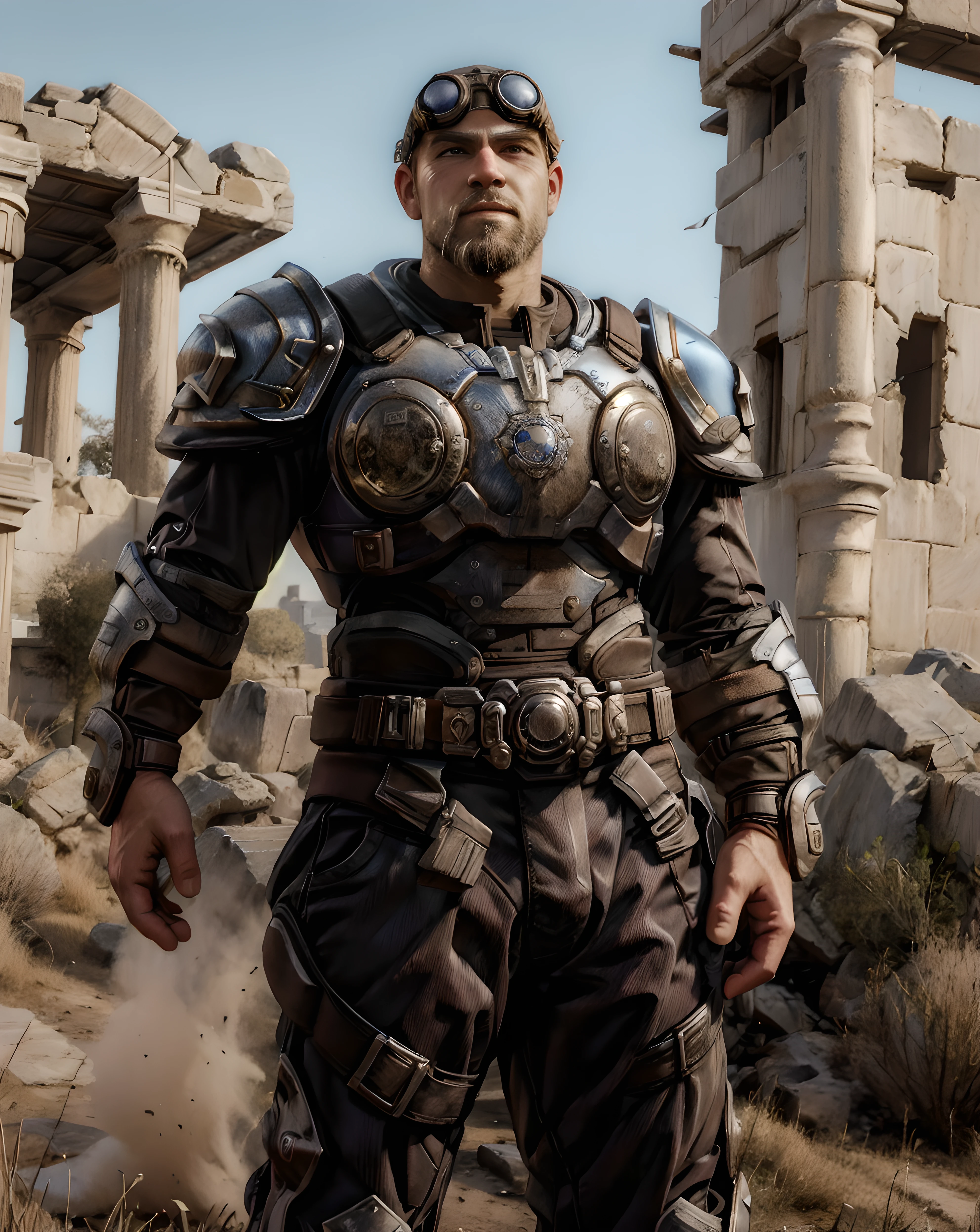 <lora:Old_Damon_Baird:0.85> old_damon_baird, armor, long pants, standing, ruins, outdoor, beard, bald, goggles