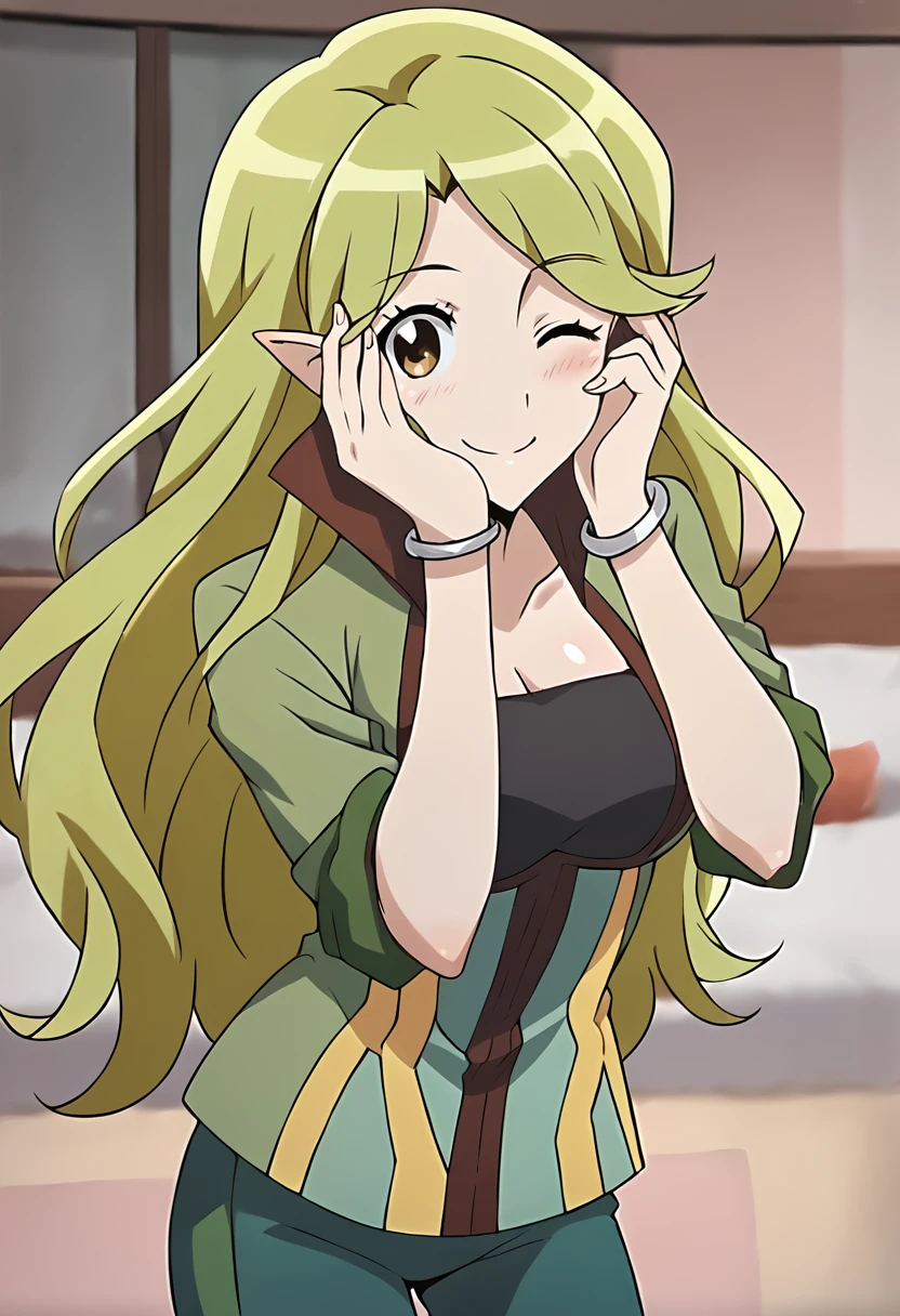 score_9, score_8_up, score_7_up, masterpiece, source_anime, 1girl, ct_mar1e, green hair, long hair, green jacket, sleeves rolled up, blue pants, bracelet, shiny skin, looking at viewer, indoors, cowboy shot, hand on face, one eye closed, happy, smile, blush, medium breasts, cleavage,  <lora:Marielle_LogHorizon_Pony_ct_ver4:1>