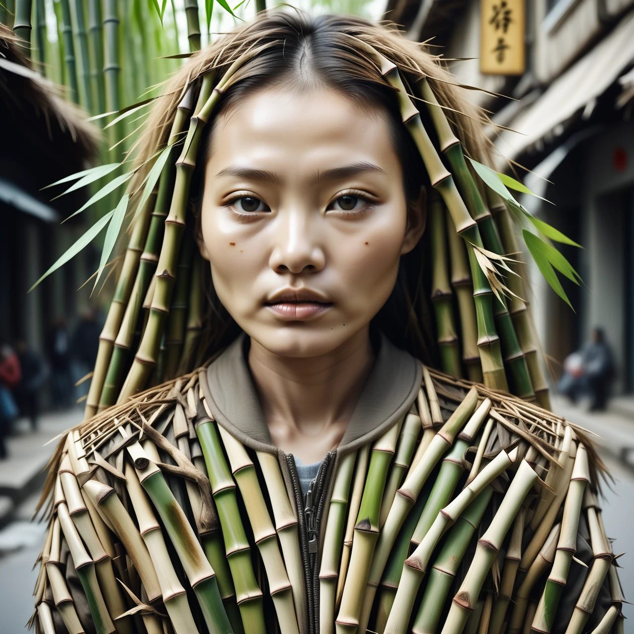 made out of Jed-Bmbrts, <lora:BambooRootsStyle:1>, photograph, stylized by Louis Faurer, portrait, close up of a petite (Ji-Hyun:1.1) , dressed in Jacket, Street photography, urban life, candid moments, melancholic atmosphere, poetic compositions, photorealism, epic atmosphere, sharp focus, magnificent, vibrant, perfect symmetry, located artistic