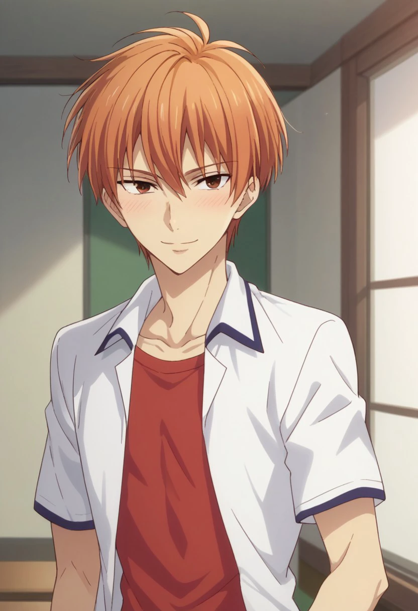 score_8_up, score_7_up, source_anime, highly detailed, 
kyosohma, 1boy, male focus, solo, school uniform, orange hair, brown eyes, shirt, white shirt, collared shirt, open shirt, red t-shirt, short sleeves, jewelry, bracelet, blush, smile, soft smile,
indoor, japanese