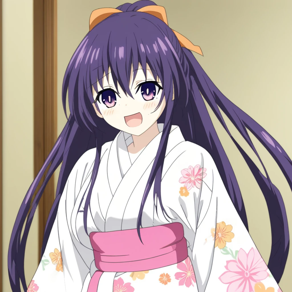 TohkaYatogami, 4k, absurd, high resolution, very high resolution, high definition, masterpiece, 1 girl, alone, long hair, looking at viewer, smile, open mouth, long sleeves, bend over, hair between eyes, very long hair, standing, purple eyes, upper body, ponytail, purple hair, :d, hair bow, Japanese clothing, wide sleeves, kimono, sash, floral print, sandals, pink bow, bag, yukata, tabi, printed kimono, pink kimono, v arms