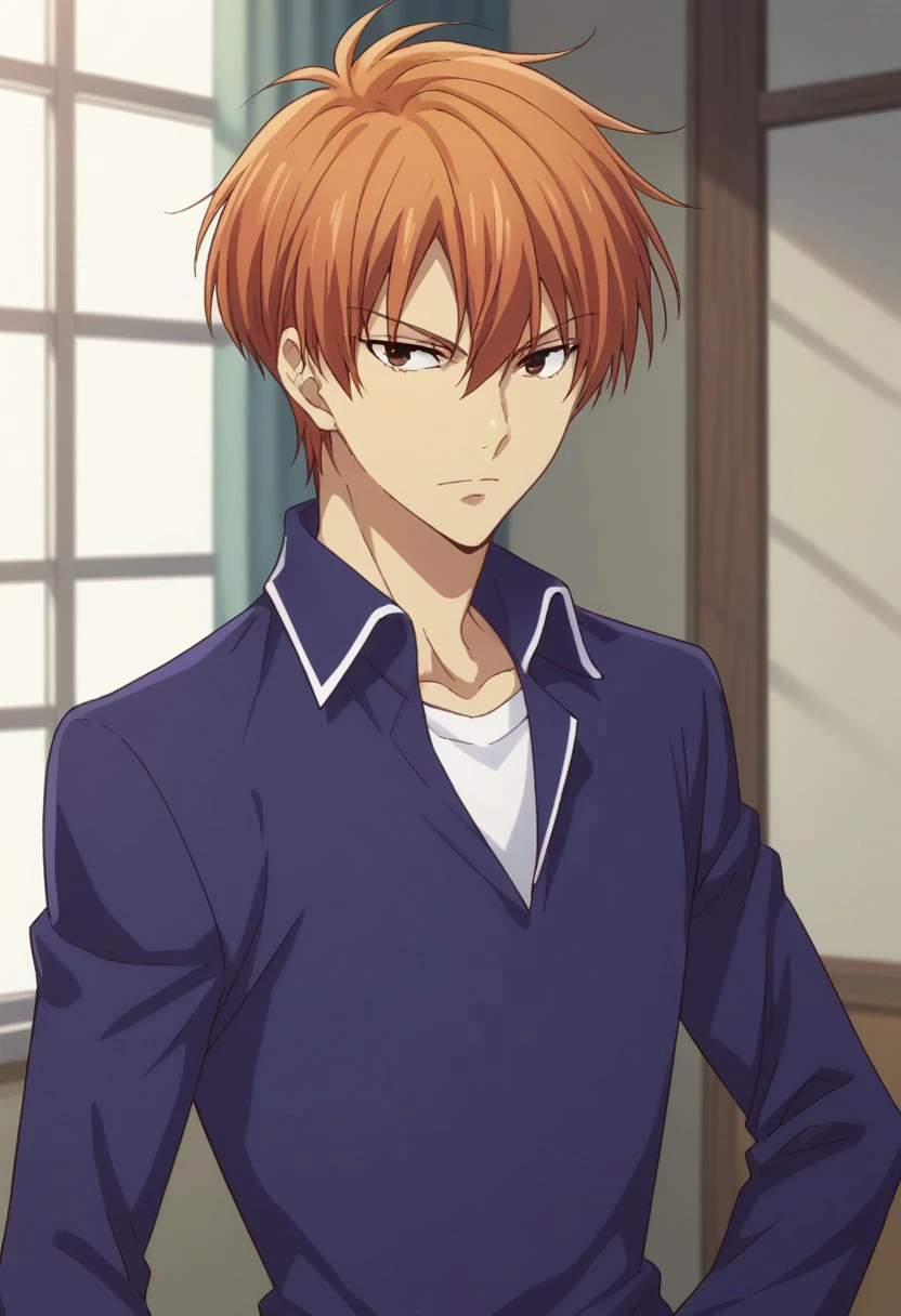 score_8_up, score_7_up, source_anime, highly detailed, 
kyosohma, 1boy, male focus, solo, school uniform, purple uniform, orange hair, upper body, hand on hip, brown eyes,
indoor, japanese