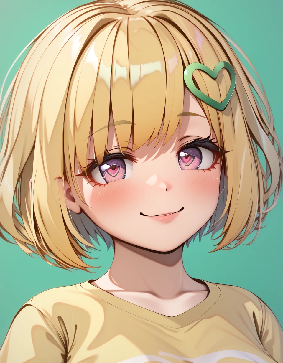 1 girl , solo , focus on face , only face , <lora:hadehearthairring_sdxl_0001:0.8> , hadehearthairring , heart hair ornament on hair  , manga color illustration , high quality , ultra-detailed , 4k, high resolution , deep green  background , short  blonde  , yellow  t-shirts