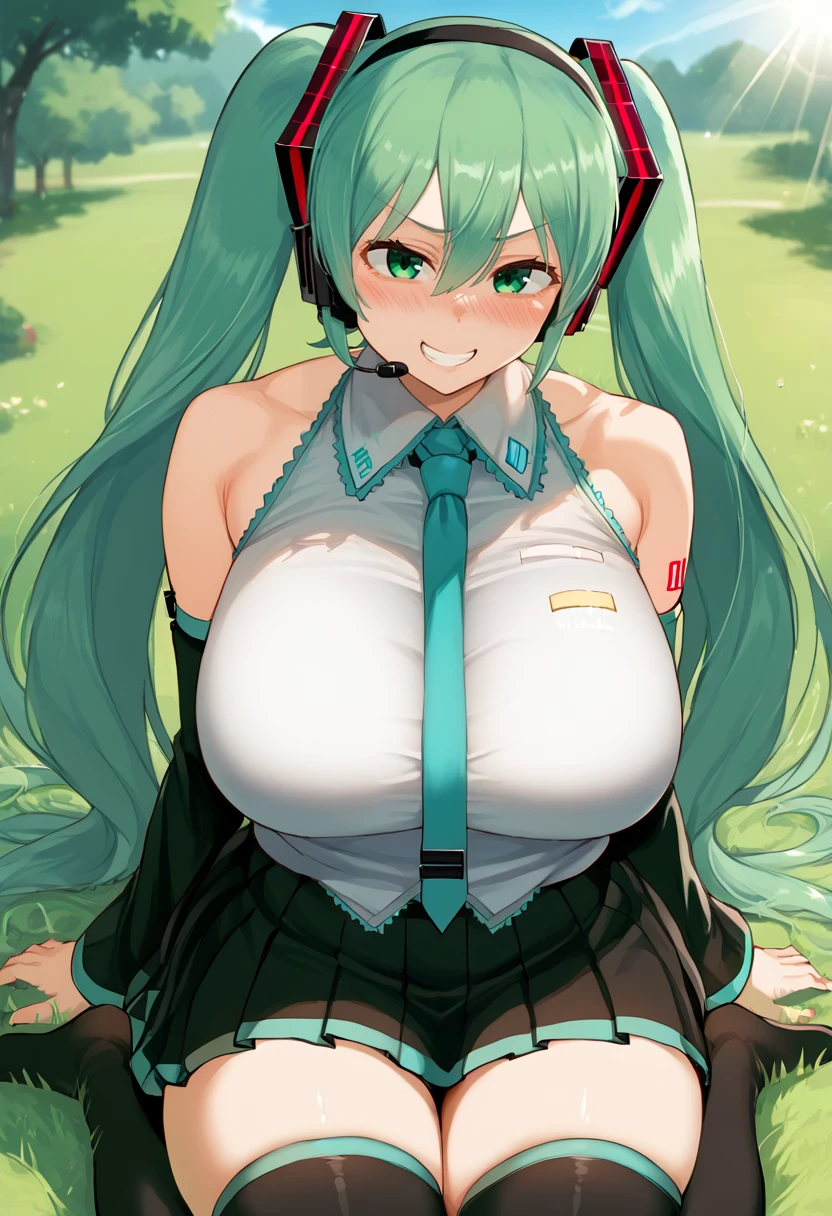 score_9, score_8_up, score_7_up,  source_anime BREAK 1girl, cowboy shot, looking at viewer, solo,
<lora:BigMikuDwnsty_r1-000003:1>,  bigmiku, green hair, green eyes, long hair, twintails, headset, skirt, detached sleeves, collared shirt, sleeveless shirt, thighhighs, 
huge breasts, naughty face, grin, blush, 
outdoors, nature, grass, sunlight, blue sky, wariza, w sitting,  <lora:Wariza__Concept_Lora:1>,