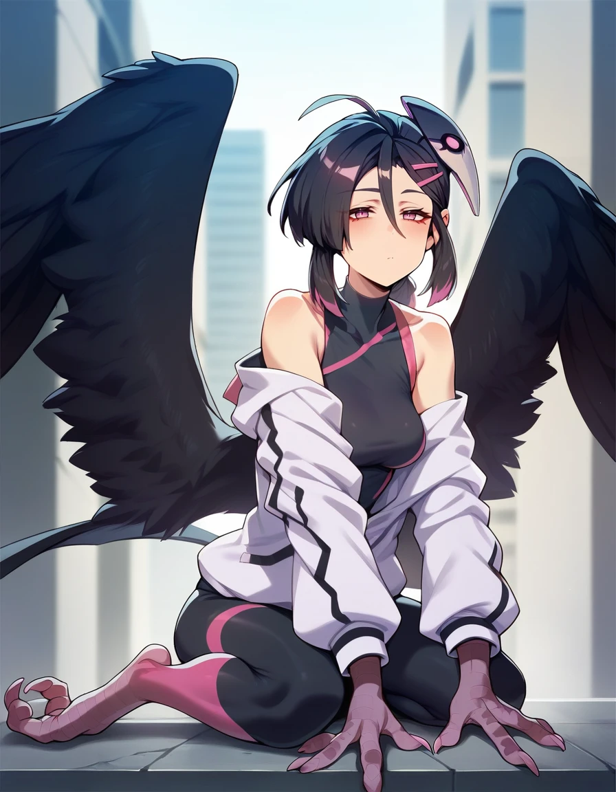 score_9,score_8_up,score_7_up,score_6_up,score_5_up,score_4_up, 1girl, hair ornament, multicolored hair,
ava_orcmassage, low black wings, black sleeveless shirt, white purple  jacket, leggings,  bare shoulders, squat, full body, talons, clows,
public city, looking at viewer,
<lora:ava_orcmassage_Ver2.5:0.9>