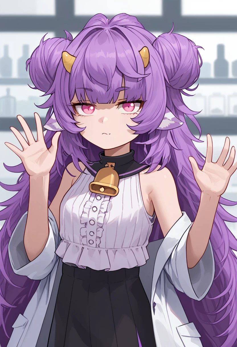 1girl, solo, Muu_Muyu, purple hair, long hair, hair bun, animal ears, double bun, horns, very long hair, pink eyes, bangs, messy hair, neck bell, white shirt, sleeveless shirt, black skirt, lab coat, off shoulder, ribbed shirt, frills,
looking at viewer, waving