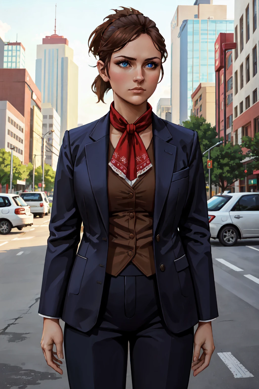 masterpiece,best quality,1girl,amandadesanta,short hair,blue eyes,brown hair,ponytail,formal,jacket,suit pants,cravat,standing,outdoors,expressionless,arms at sides,cowboy shot,concrete city, <lora:amandadesanta1point5:0.8>,mature female,facing viewer,straight on