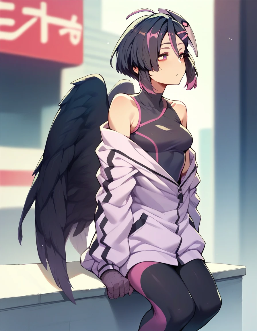 score_9,score_8_up,score_7_up,score_6_up,score_5_up,score_4_up, 1girl, hair ornament, multicolored hair,
ava_orcmassage, (low black wings:0.8), black sleeveless shirt, white purple  jacket, leggings,  bare shoulders,
public city,
<lora:ava_orcmassage_Ver2.5:0.9>