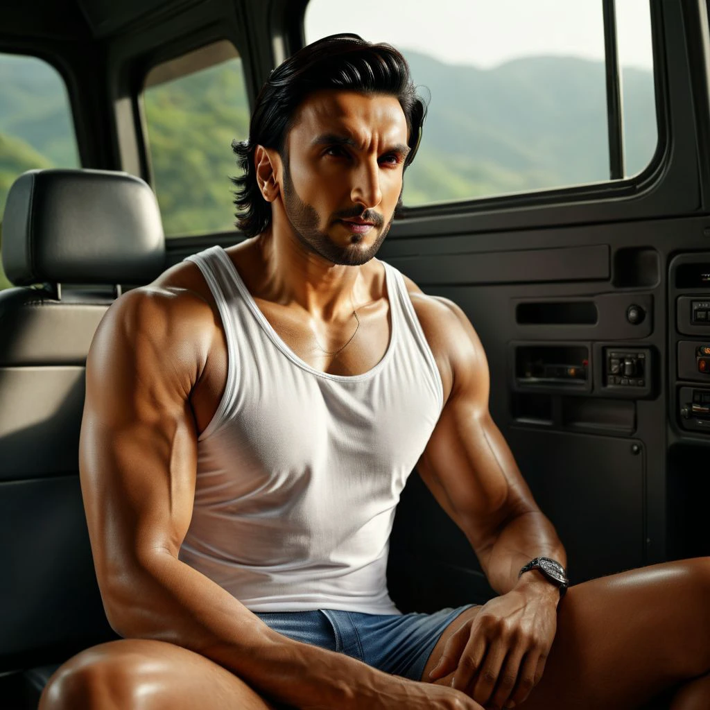 low camera shot, Ranveer Singh a man <lora:Ranveer-Singh:1>, rugged, detailed face, sitting legs crossed inside cabin lorry, legs dangling, wearing tank top, sunlight, barefoot, masterpiece,8k,depth of field, bokeh, detailed,sharp focus,  elegant, cinematic lighting, ,photorealistic, taken using a Leica SL2 & the APO-Summicron-SL 28 f/2 ASPH lens, shutter speed 1/200s, ISO 100 and natural light, Hyper Realistic Photography, Cinematic, Cinema, Hyperdetail, UHD, Color Correction, hdr, color grading, hyper realistic CG animation ((remarkable color)), (ultra realistic), textured skin, remarkable detailed pupils, ((realistic dull skin noise)), ((visible skin detail)), ((skin fuzz)), shot with cinematic camera, 3D render, ((hyper realism)), sharp focus, cinematic lighting, photo realistic, hyper realistic. 4k, natural, global illumination, caustics, ratytracing, Unreal Engine, highly detailed, High dynamic range, vivid, rich details, clear shadows and highlights, realistic, intense, enhanced contrast, highly detailed <lora:add-detail-xl:1>