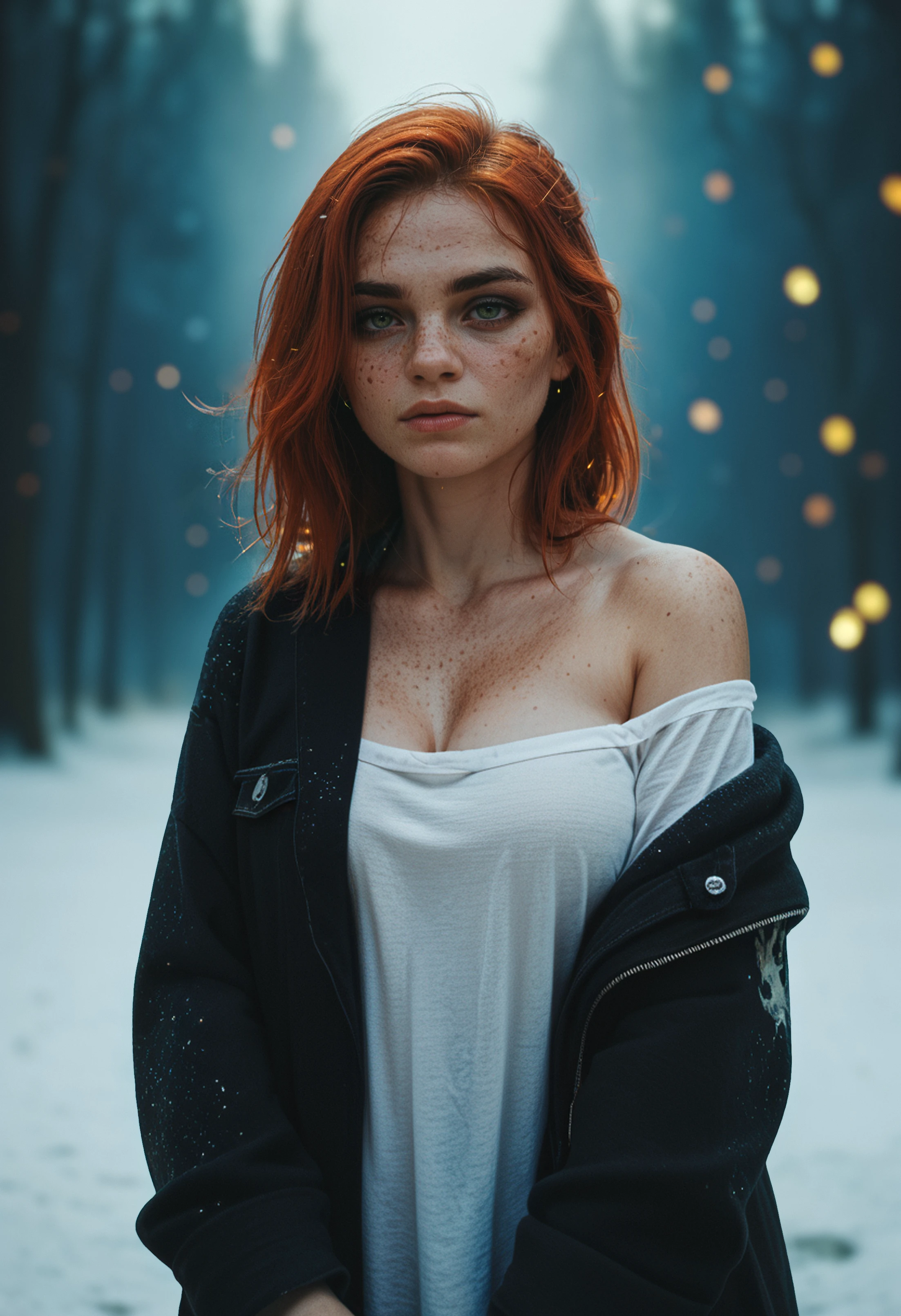 score_9, score_8_up, score_8_up, 1girl, depth of field, raw, intimate shot, (goth girl, open jacket, off shoulder, wearing a sword on her back, freckles),((glowing particles, flames)), large perfect breasts, snowing,