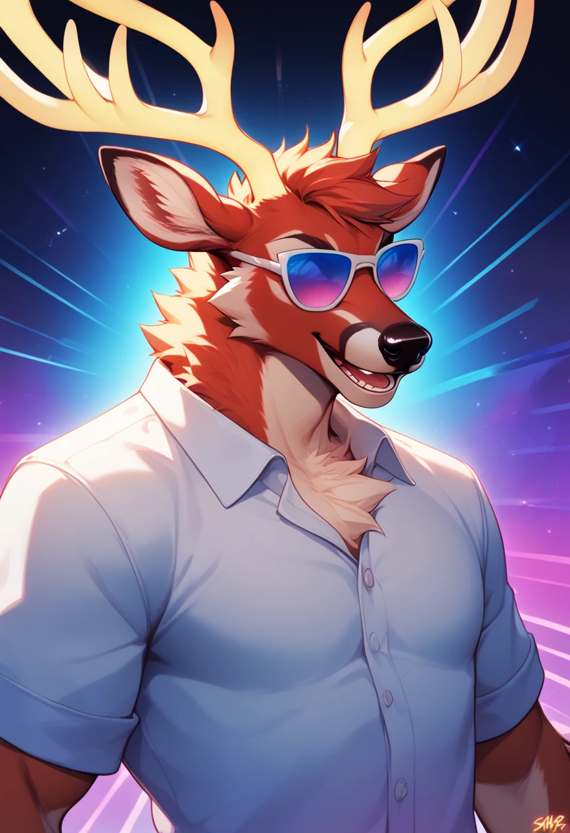 <lora:Saffron:1>, Saffron, furry, deer, antlers,yellow antlers,mature, male, portrait, portrait, cheerful, positive energy, vibrant background, close up shot , open mouth, teeth, sparkly, loose shirt, rainbow syntwave, vaporwave, scanlines, dark background,iconic sunglasses, cool,, score_9, score_8_up, score_7_up, score_6_up,