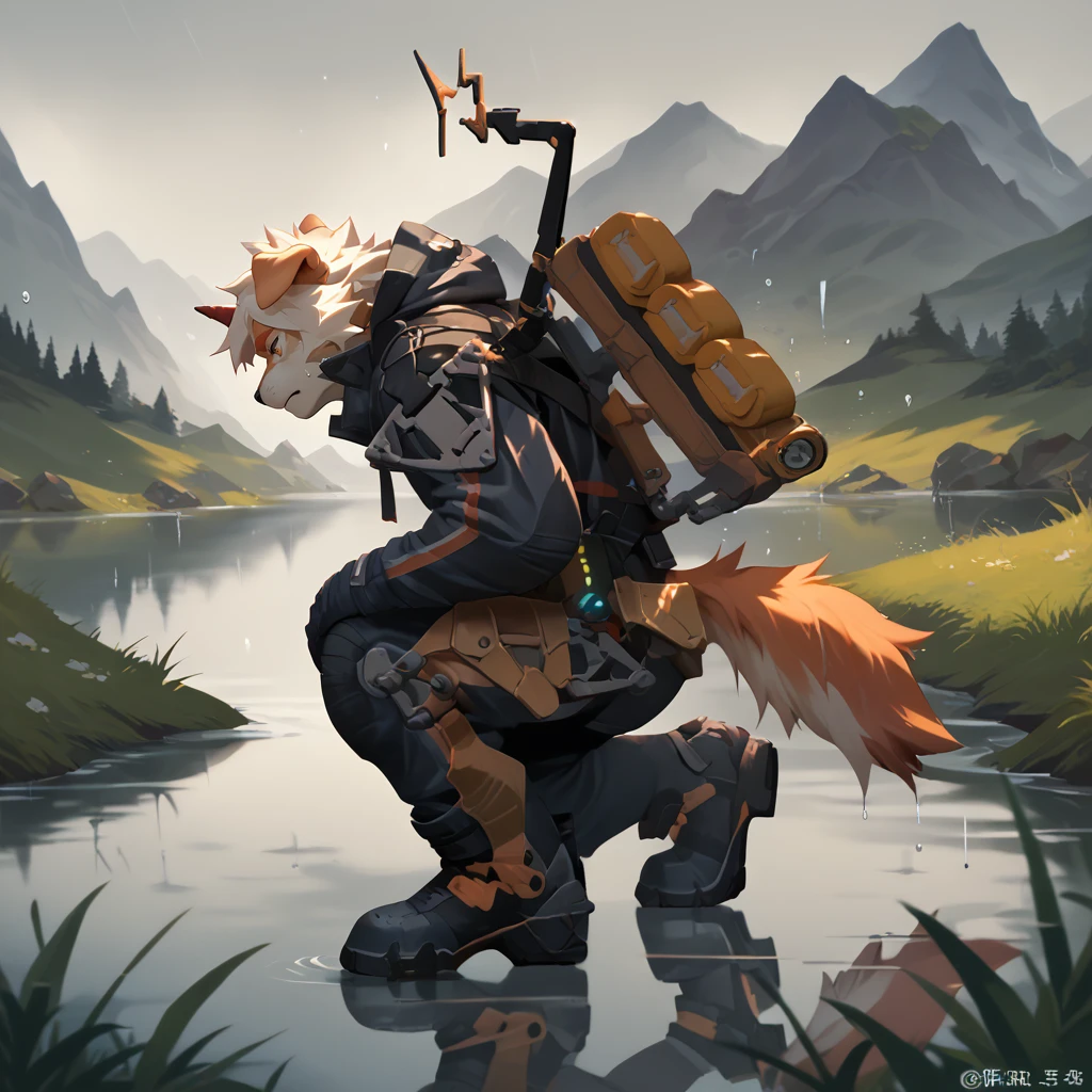score_9_up,score_8_up,score_7_up,score_6_up,score_5_up,score_4_up,zPDXL,
dragon,standing,side view,squatting,hand on knee,kneeling,on one knee,
<lora:bridgesuit-XL-000004>,bridgesuit,triangle,raining,water drop,reflection,grass,mountain,
<lora:Hung_Arknight:1>,hung,furry,white hair,white fur,dog ears,orange hair,single horn,streaked hair,brown fur,orange eyes,