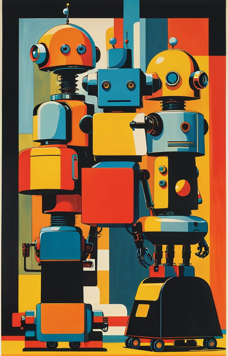 masterpiece,best quality,<lora:tbh368-sdxl:0.6>,illustration,style of Milton Glaser portrait of Housework robots