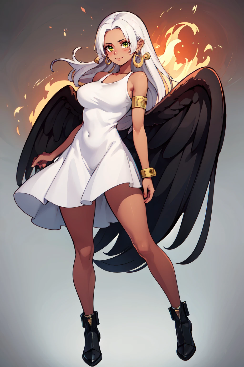 ((masterpiece,best quality)), absurdres, <lora:SSnakeOP:0.8>,   big breasts, curvy,  zzSSnake, dark skin, green armlet, black wings, closed mouth, dress, earrings, feathered wings, fire, full body, hamaeru, jewelry, smile, snake earrings, white dress, wings,