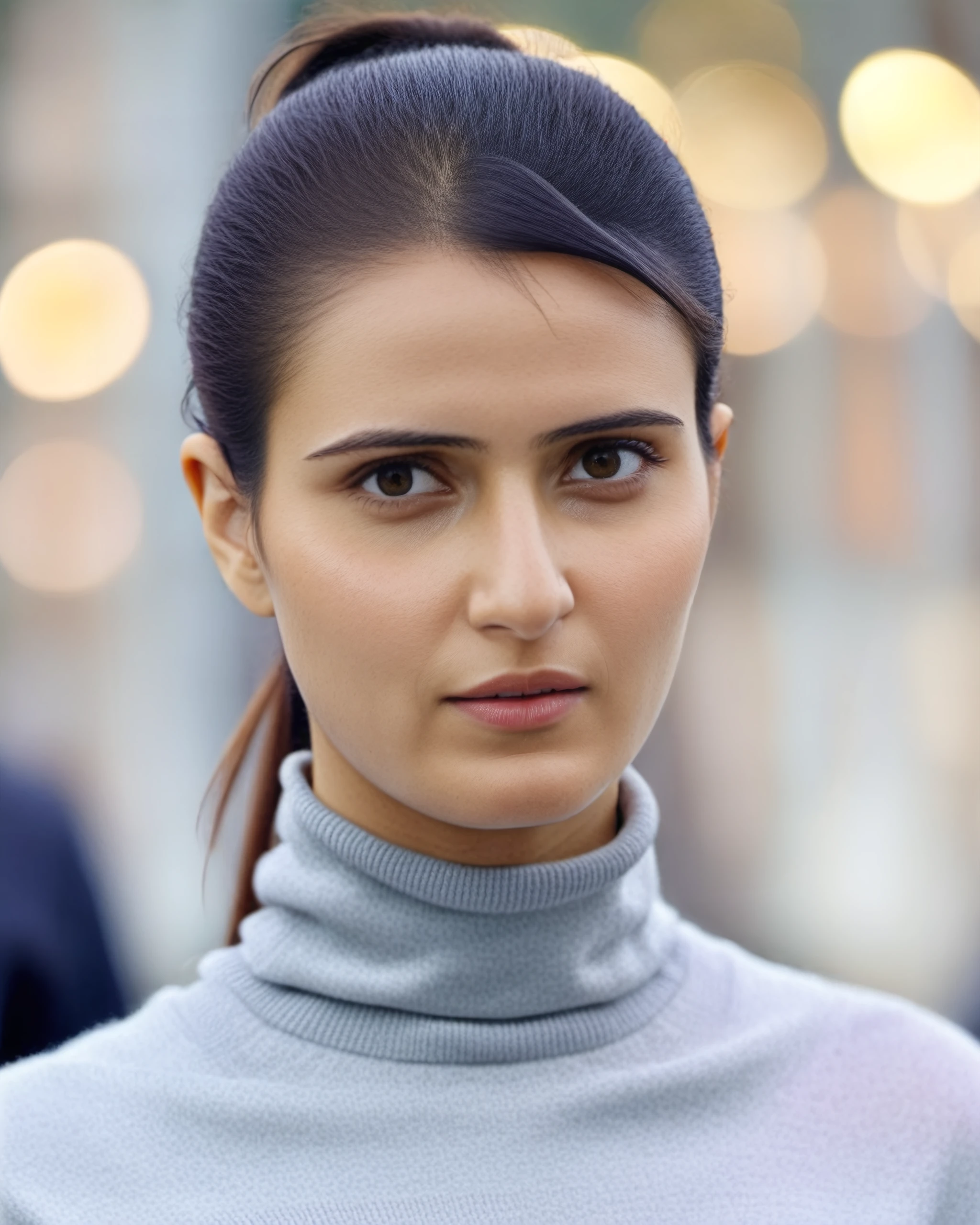 portrait photo of Fatima woman, solo, ponytail hair cut, serious look, looking at the camera,  Silver turtleneck sweater, , contrasting background bokeh,  skindentation,  <lora:Fatima_SDXL_LoRA_prodigy_local_xformers_HNE:1>