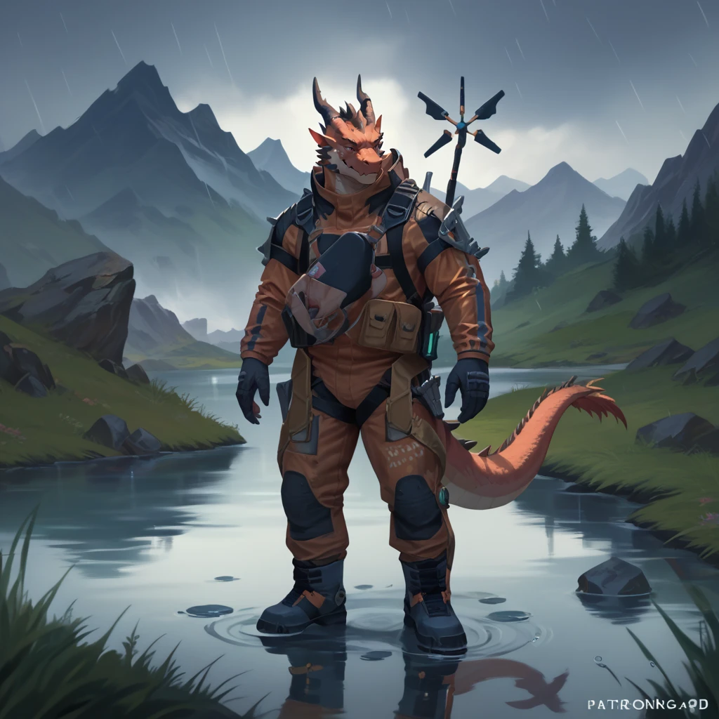 score_9_up,score_8_up,score_7_up,score_6_up,score_5_up,score_4_up,zPDXL,
standing,front view,
<lora:bridgesuit-XL-000004:0.9>,bridgesuit,triangle,raining,water drop,reflection,grass,mountain,
furry,ponytail,(dragon:1.2),