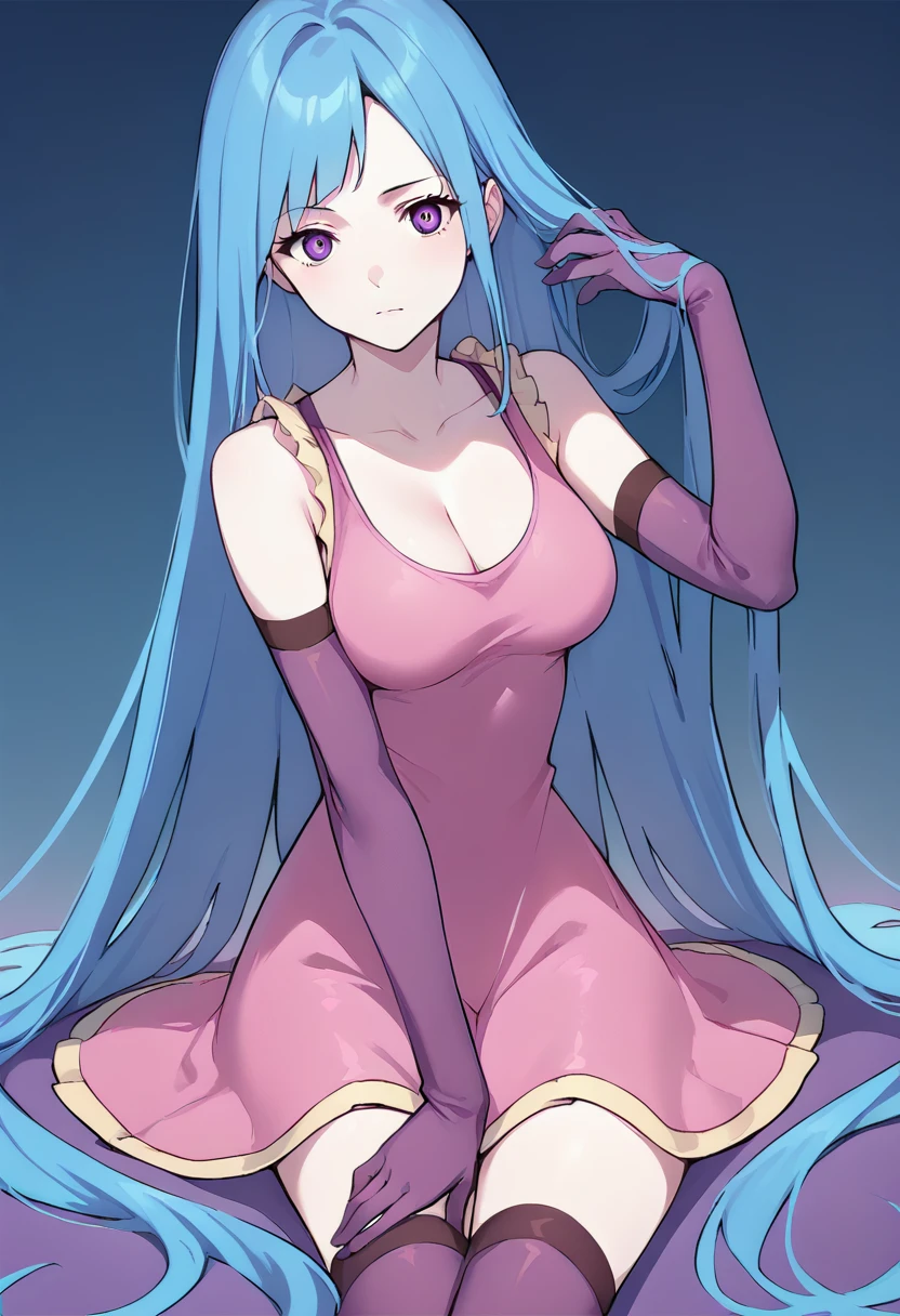 score_9, score_8_up, score_7_up, source_anime,     <lora:MEMEMEpony:1>, MEMEME, long hair, dress, breasts, pink dress, purple eyes, very long hair, blue hair,  medium breasts, collarbone, detached sleeves, cleavage, sleeveless, elbow gloves, sleeveless dress, gloves, purple thighhighs,