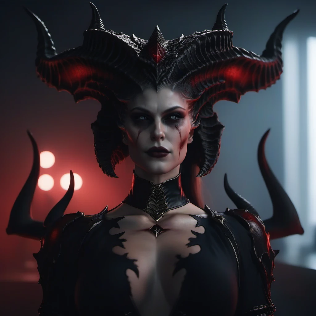 cinematic photo full body portrait of  an elegant 1girl, smile, breast, demon horns, demon wings, blood, turtleneck, suit, office <lora:Diablo4-1024:0.8> . 35mm photograph, film, bokeh, professional, 4k, highly detailed