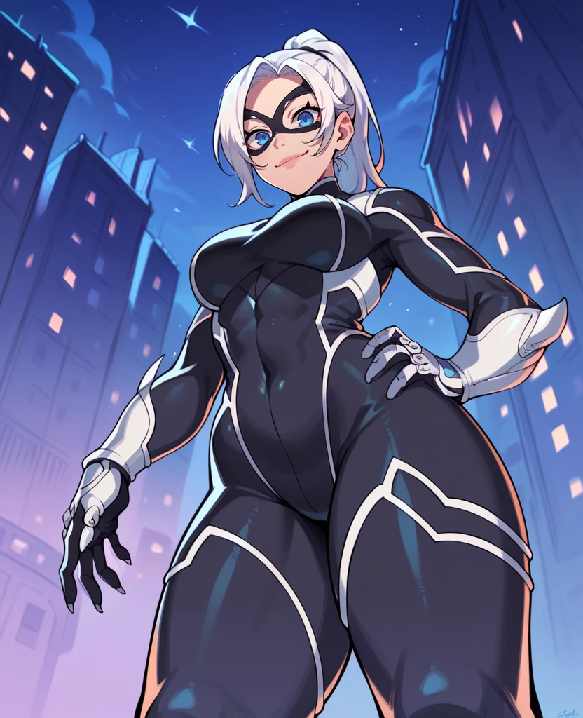 score_9,score_8_up,score_7_up,score_6_up,blckctXL,white hair,ponytail,blue eyes,black  bodysuit,domino mask,light smile,looking at viewer,standing,
gloves,from below,
night,city,<lora:BlackcatXL_r1:0.8>,