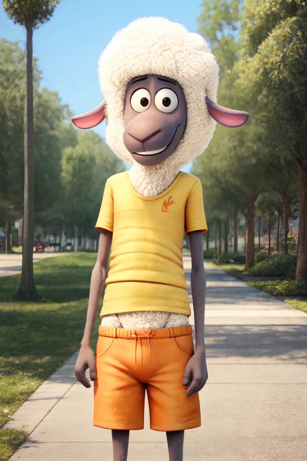 <lora:Eddie:0.7>, Eddie, sheep, orange shorts, yellow shirt, busy city, park, outside, looking at viewer, tall, skinny, smile, wide eyes, by illumination:1.3, waving, timid, shy